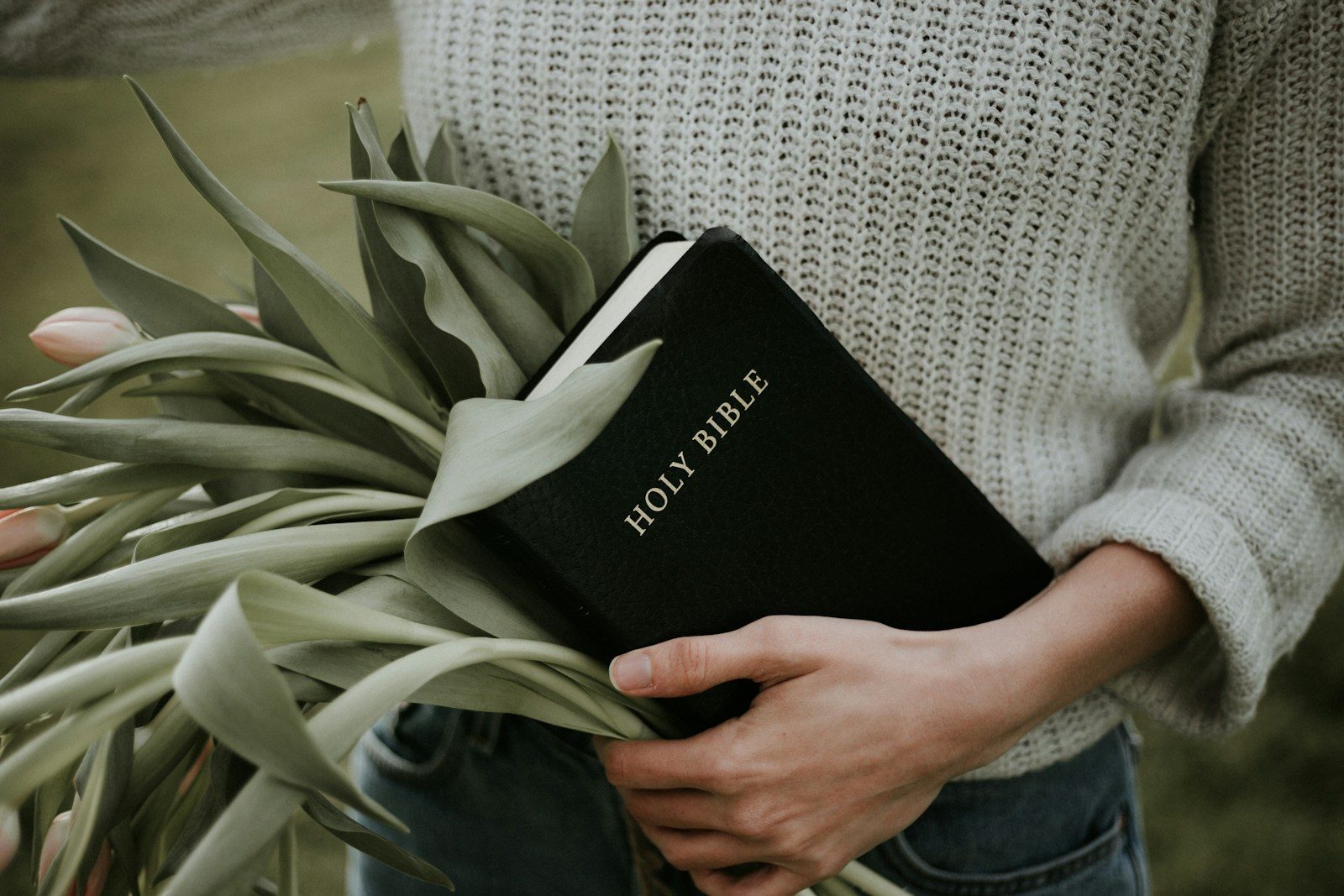 person carrying Holy Bible and bunch of green leaves